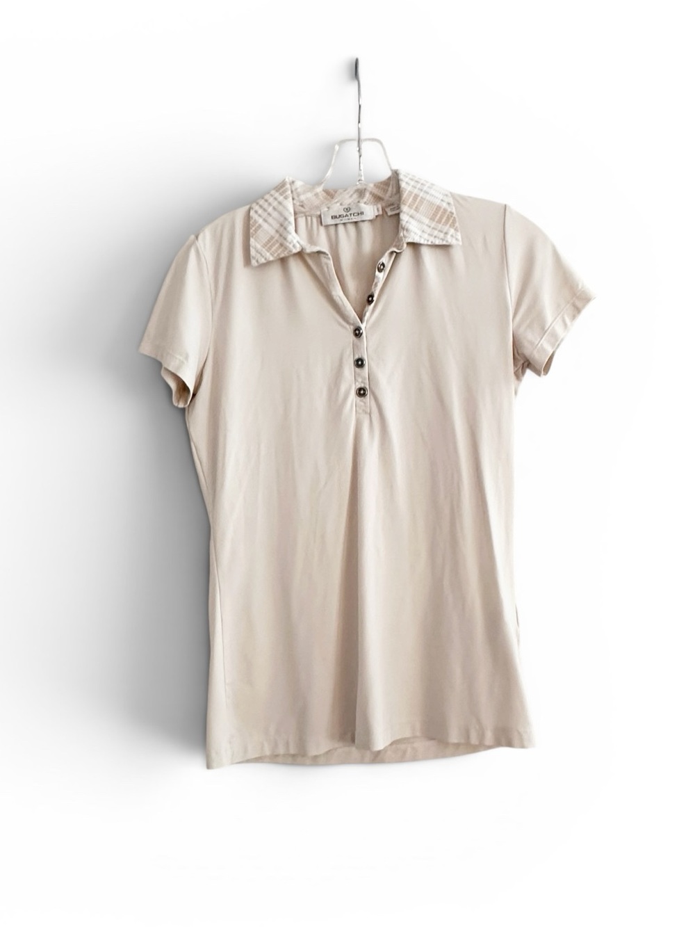Bugatchi Golf Polo Shirt Top Cream Tan Plaid Short Sleeve Shirt SMALL Summer